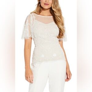 ‼️RARE‼️🎸ADRIANNA PAPELL🎸🔥NWT🔥Beaded Flutter-Sleeve Top in Ivory/Pearl—4